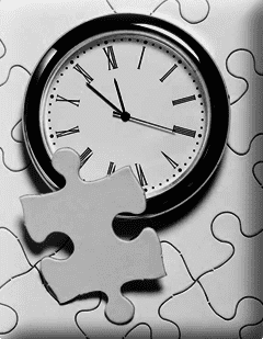 Here's an alt tag for the image: Clock and puzzle piece on puzzle background.