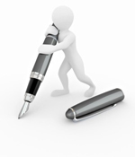 Here's an alt tag for the image: `White figure writing with a large pen`